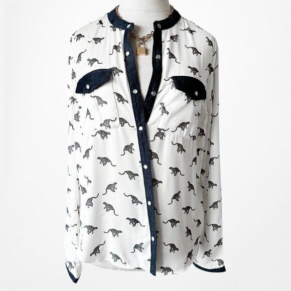 Vintage Y2K White Blue Animal Print Button Down Satin Shirt Top Blouse Size XS - Picture 3 of 5